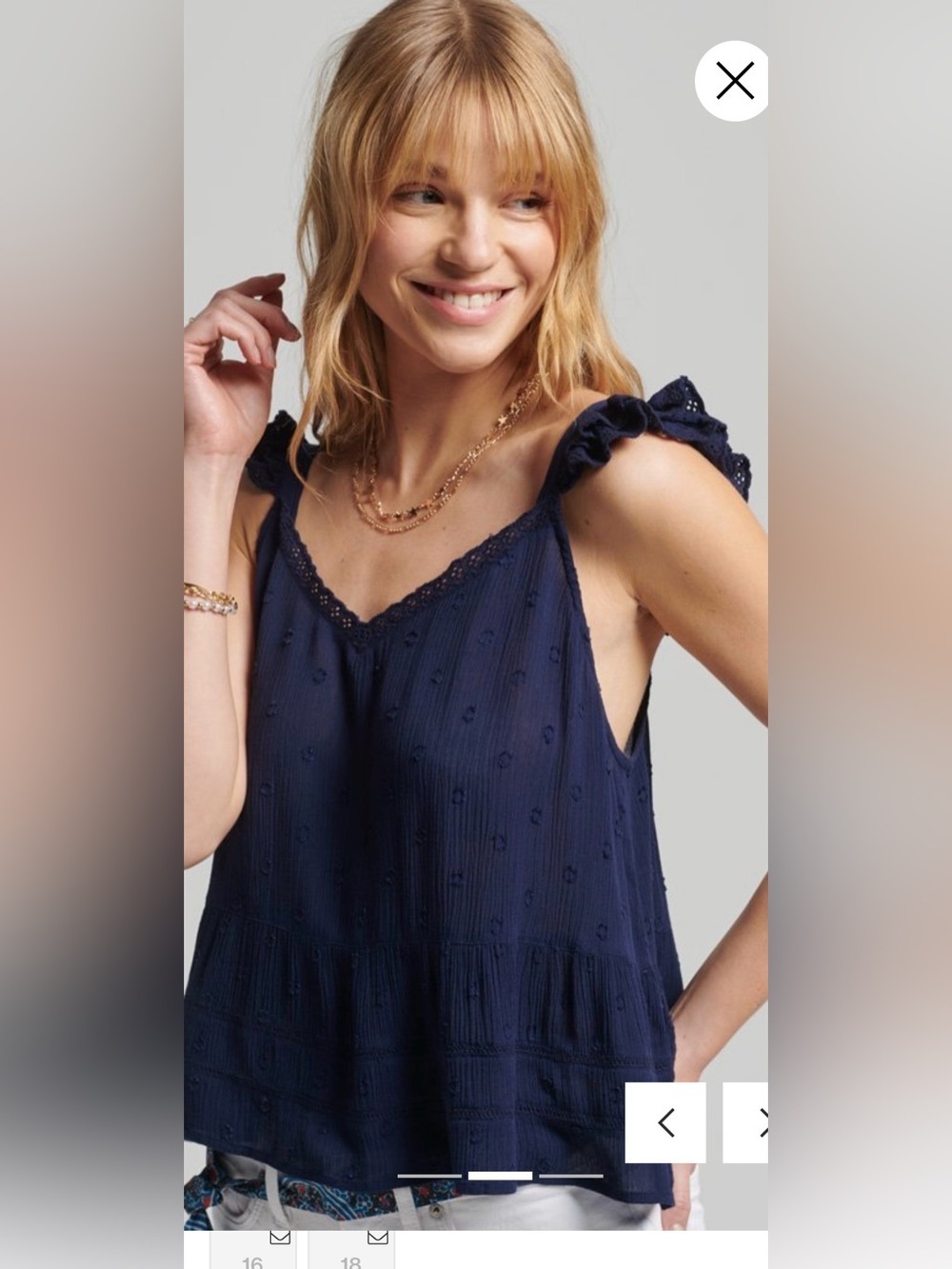Superdry Navy Eyelet Ruffle Strap Camisole size 10 IS